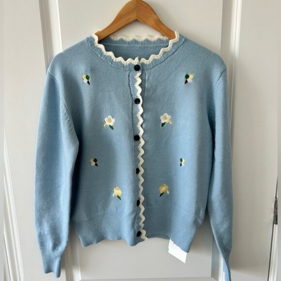 Simple Retro Blue Embroidered Daisy Cardigan Sweater NWT Size L - Picture 1 of 7